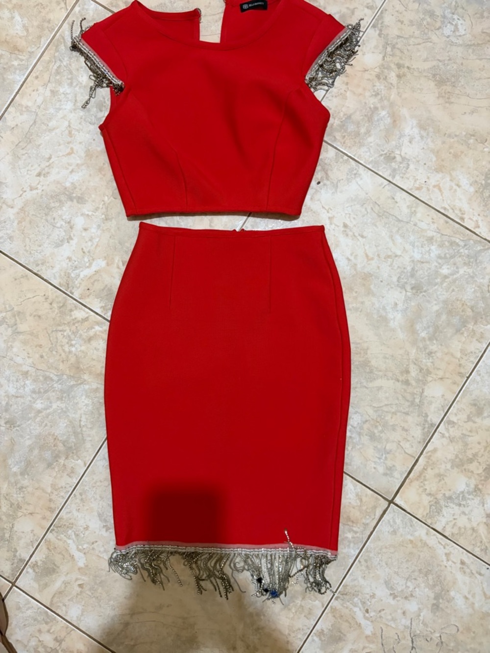 Women's Red Pencil Skirt with Silver Fringe Hem